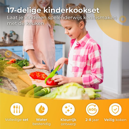 Nuvance - Set de couteaux pour enfants - Set de cuisine 17 pièces - Kiddikutter - Couverts pour enfants avec planche à découper, couteau à éplucher, couteau pour enfants, coupe-frites et tablier de cuisine - Kiddicutter - Cuisine pour enfants - Ustensiles