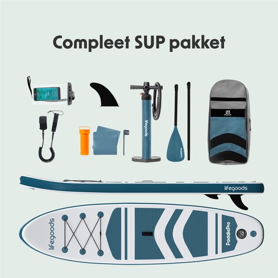 LifeGoods PaddlePro SUP Board - Planche à pagaie gonflable - Ensemble complet - Max. 135KG - 320x81cm - Blanc/Aqua profond