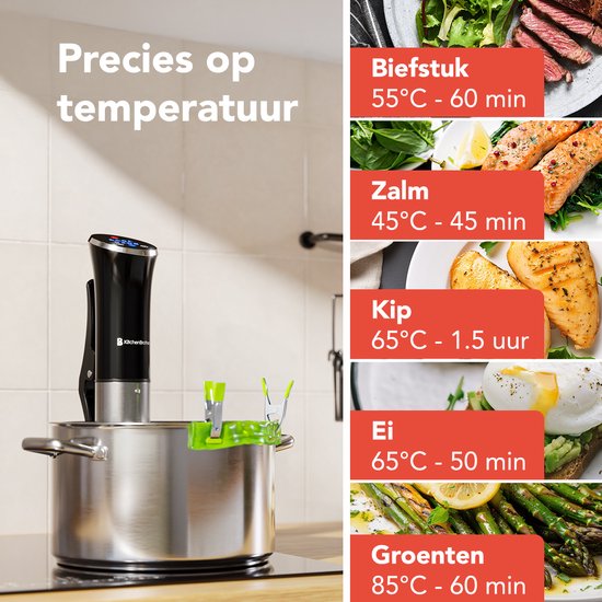 KitchenBrothers Stick Sous Vide - jusqu'à 95°C - Minuteur intégré - Cuiseur de précision - 1200W - Noir/RVS