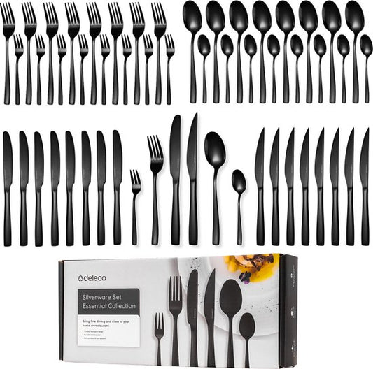 Deleca 8 Person Cutlery Set Essential (48 pieces) - Spoons, Knives, Forks, Steak Knives & Pastry Forks - Dishher Safe Cutlery - Shiny Black / Stainless Steel