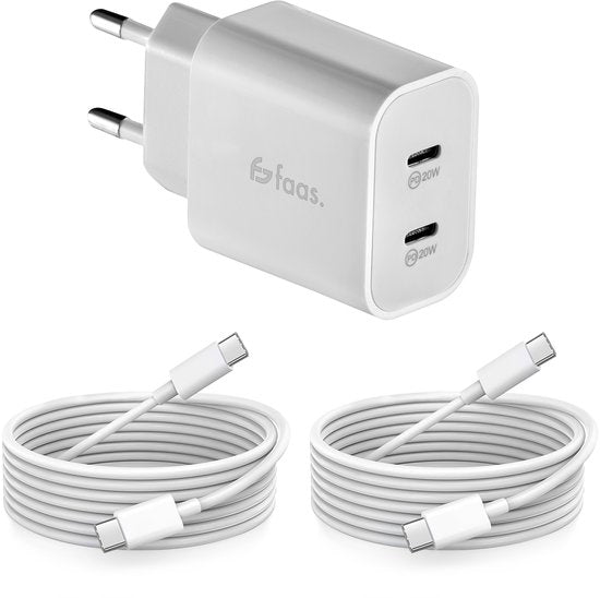 Chargeur USB C - 40W - avec 2x câble USB C vers USB C - Chargeur rapide - 2 ports de charge - Blanc - par Faas