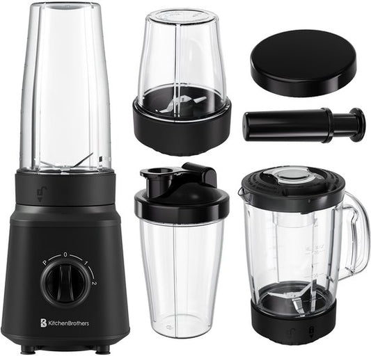 KitchenBrothers Blender - Set complet - 2x 750ml Jugug - Grinder - Strainer - To-Go Cups - Black