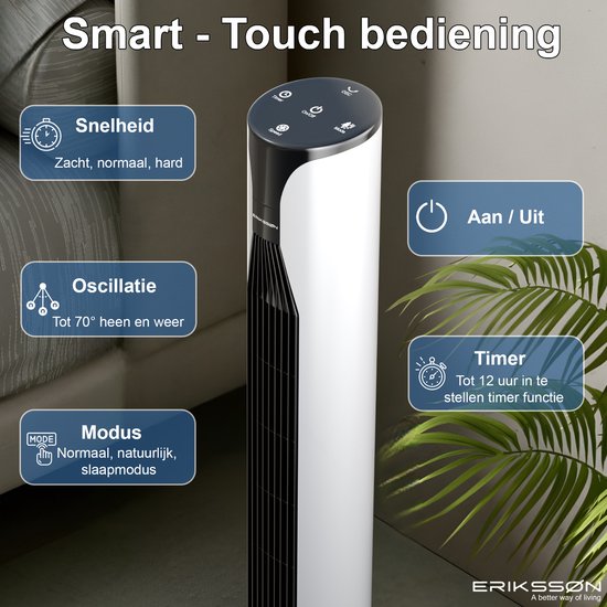 Erikssøn Ventilateur de tour - Silent Comfort Series - Ventilateur de sol avec télécommande - Minuterie - 55W - 39 dB - 106cm - Blanc