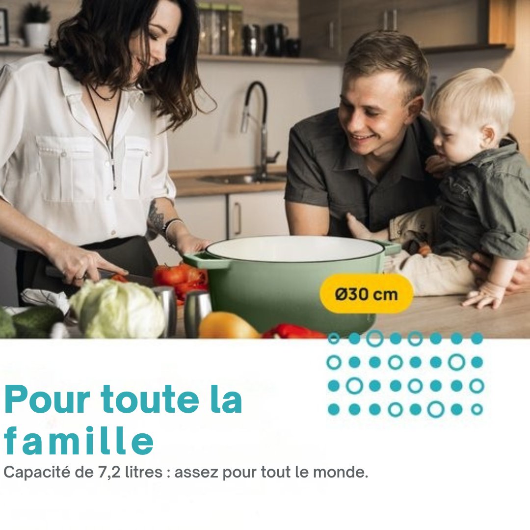 Casserole en fonte MOA - 7,2L - Pour toutes les sources de chaleur y compris l'induction - Avec couvercle - Ø 30cm - Revêtement antiadhésif - Vert
