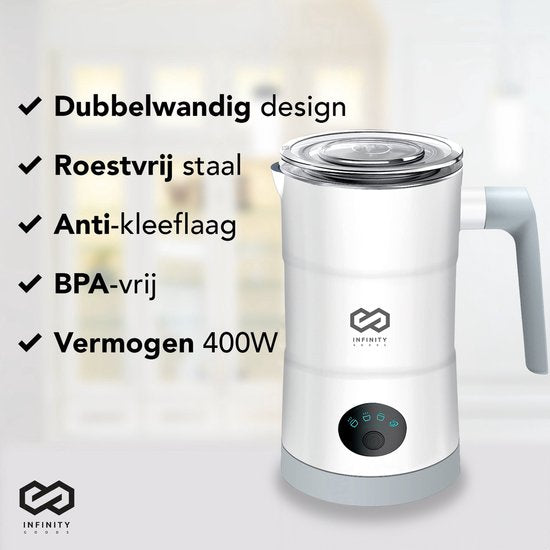 Infinity Goods Mousseur à lait électrique 4 en 1 - 350 ml - Mousse et chauffe - Cappuccino - Lavable au lave-vaisselle - Blanc