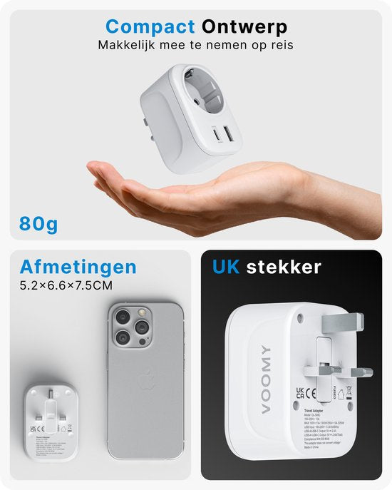 Voomy Travel plug UK/UK - USB-C & USB-A - Prise mondiale de type G - Blanc