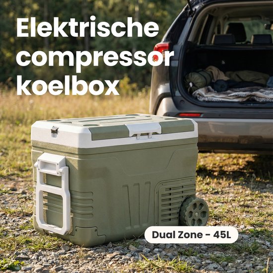 Auronic Electric Cool Box - Compresseur - 2 Zones - 45L - 12/24V et 240V - Réfrigération et congélation - Réfrigérateur de camping - Frigobox Auto - Avec roues et poignée - Vert