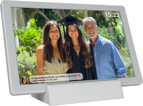 Cadre photo numérique Denver 10,1 pouces - Sans fil - Station de charge incluse - HD - Frameo App - Cadre photo - WiFi - Écran tactile IPS - 16 Go - PFF1070W