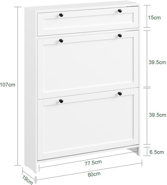 SoBuy - Meuble à chaussures avec 1 tiroir - 80 x 19 x 107 cm & avec 2 portes basculantes - équipé d'un système anti-basculement et de pieds en silicone - pour les couloirs et entrées étroits - Mdf blanc