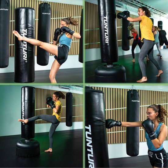 Tunturi Standing Boxing Bag - Bâton de boxe autoportant - Facilement déplaçable - Hauteur 180 cm - Avec base remplissable en sable, gravier ou eau - Noir - Avec application fitness gratuite
