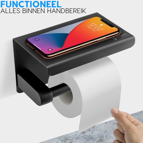 Happy Goods Porte-rouleau de toilette avec étagère - Autocollant / Perçage - Porte-rouleau de toilette Noir sans perçage - Acier inoxydable - Vis incluses.