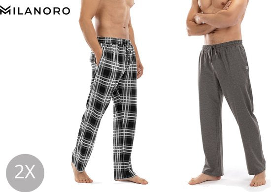 Milanoro - Lot de 2 bas de pyjama en coton pour homme - Anthracite/Noir et blanc à carreaux - XL