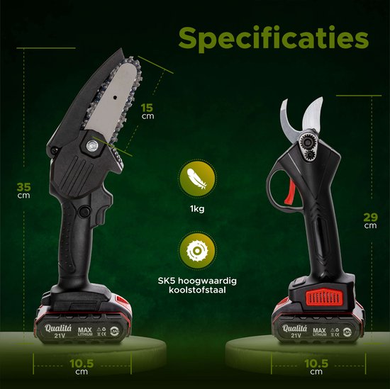 Qualitá® Sécateur électrique - Mini tronçonneuse 2 en 1 - cisaille à fleurs, coupe-bordures, taille-haies électrique - 2 piles avec chargeur de piles - boîte de rangement incluse Outils de jardinage