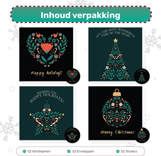 Giftmas Cartes de Noël - Cartes de vœux - 52 pièces - Avec enveloppes et autocollants - 10x10cm