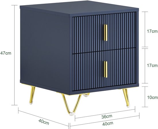 SoBuy Table de chevet, table de chevet avec 2 tiroirs, table d'appoint moderne pour la chambre et le salon, bleu, 40 x 40 x 47 cm FBT115-B