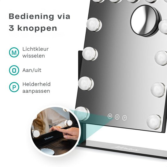 Mirlux Make Up Hollywood Mirror with Lighting (44x30cm) Vision - Dimmable LED Bulb Light - 13 Lamps - Black