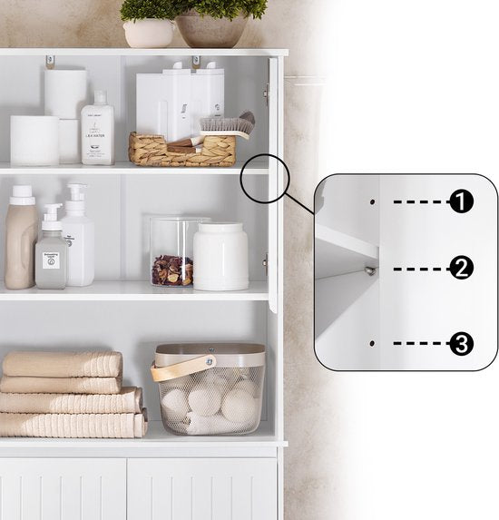 SoBuy BZR150-W Armoire haute de salle de bain avec sac à linge, armoire de salle de bain avec portes, 2 paniers à linge amovibles, étagères réglables, compartiments