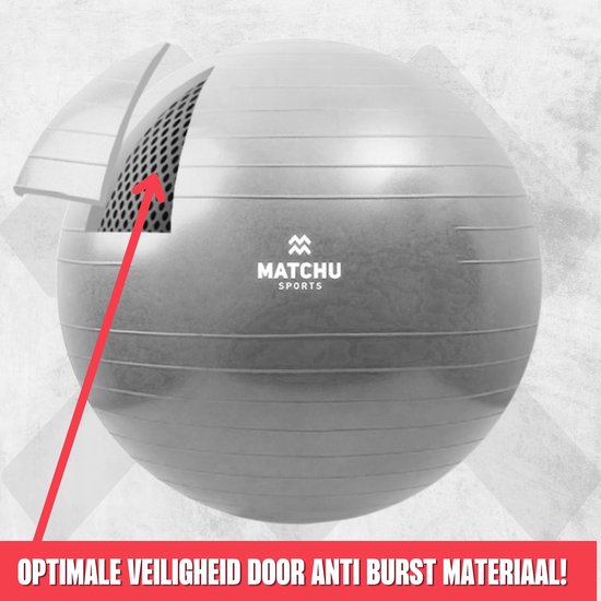 Matchu Sports - Ballon de fitness - Ballon de Pilates - Anti Burst - Ballon de grossesse - Ballon de gym - Ballon pour s'asseoir - Pompe incluse - Ø 75cm - Argent - 300 KG chargeable