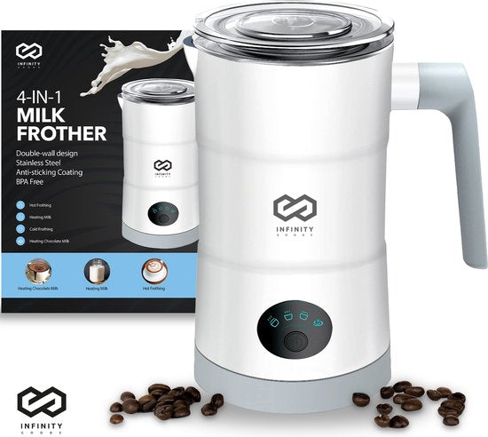 Infinity Goods Mousseur à lait électrique 4 en 1 - 350 ml - Mousse et chauffe - Cappuccino - Lavable au lave-vaisselle - Blanc