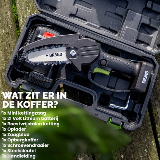 BREND BR-2236 Mini tronçonneuse électrique avec batterie et mallette de rangement - Scie d'élagage sans fil pour les branches et les bûches - 20 min de temps de coupe - Noir