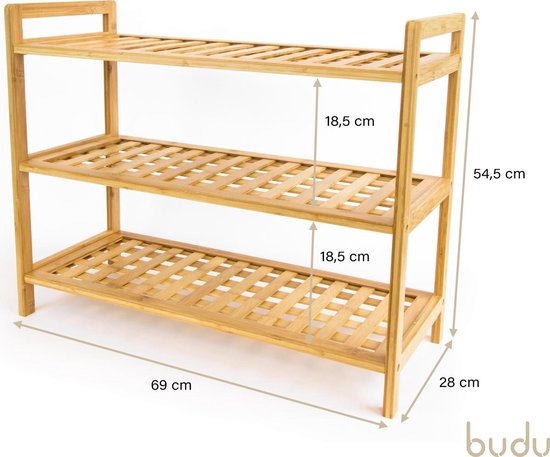 Budu Rangement pour chaussures (3 niveaux) - Rangement pour chaussures en bambou - Rangement pour chaussures en bois - Rangement pour chaussures