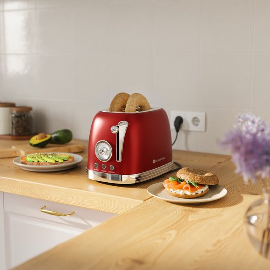 KitchenBrothers Retro Toaster - Grille-pain - 6 niveaux de chaleur - 2 fentes extra-larges - 815W - Rouge