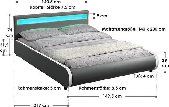 Lit capitonné Seville - 140 x 200 cm - Gris foncé - Eclairage LED