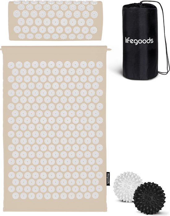 LifeGoods Tapis d'acupression avec coussin - Tapis Shakti - Tapis pour ongles avec 2 balles pour points de déclenchement - 66x40x2cm - Beige/Blanc