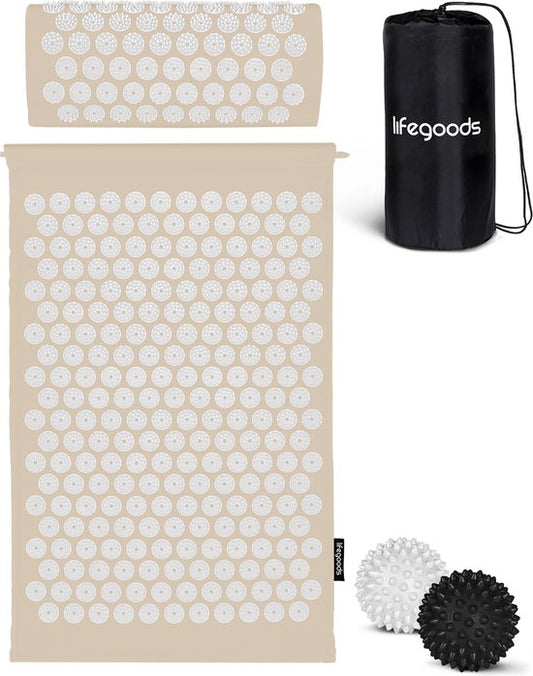 LifeGoods Tapis d'acupression avec coussin - Tapis Shakti - Tapis pour ongles avec 2 balles pour points de déclenchement - 66x40x2cm - Beige/Blanc