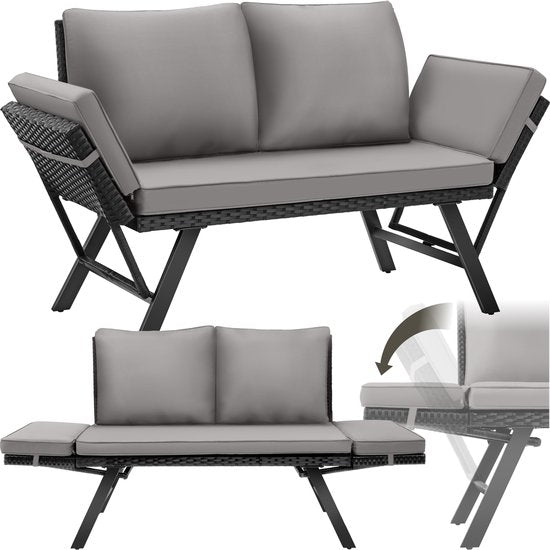 tectake® 2-in-1 Banc de jardin en osier Sintra - mains courantes réglables - set de jardin - chaise longue - banc de salon de balcon - coussins inclus - canapé de salon d'extérieur - lit solaire résistant aux UV et aux intempéries - gris clair/noir