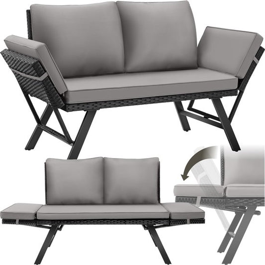 tectake® 2-in-1 Banc de jardin en osier Sintra - mains courantes réglables - set de jardin - chaise longue - banc de salon de balcon - coussins inclus - canapé de salon d'extérieur - lit solaire résistant aux UV et aux intempéries - gris clair/noir
