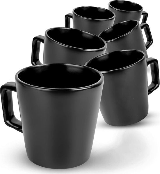 Deleca Tasses à café Set of 6 - Tasses à café avec oreille - Tasses à café / Mug - Faïence solide - Noir mat / 360 ml