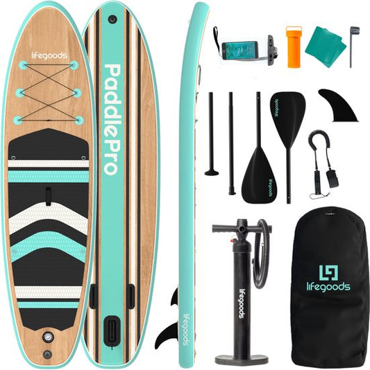 LifeGoods PaddlePro SUP Board - Planche à pagaie gonflable - Ensemble complet - Max. 150KG - 320x81cm - Bois/Vert Menthe