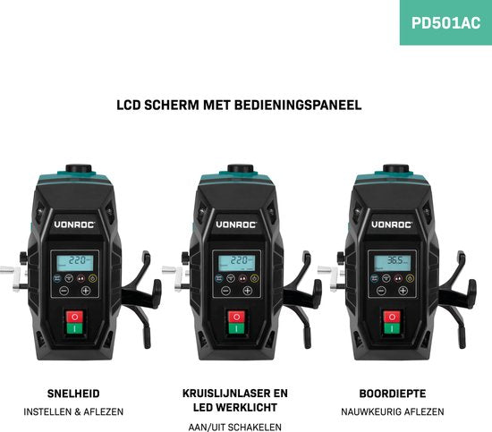 Perceuse à colonne VONROC 900W - perceuse de table - panneau de contrôle digital avec écran LCD - laser de ligne transversale et lampe de travail LED - Comprend une pince rapide, une pince de perçage et un guide de parallélisme