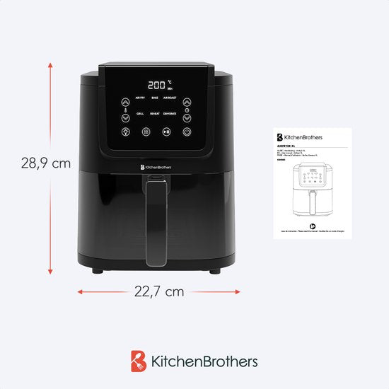 KitchenBrothers Airfryer XL - 5L - 1500W - Friteuse à air chaud - 60ºC à 200ºC - Petit design - Extra silencieux - 6 Programmes de cuisson - Noir