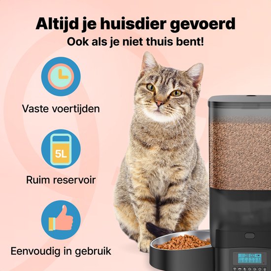 Jake and Jacky Automatic Feeder Cat and Dog - 5 Litres - Includes 2 Stainless Steel feeders & 2 Slow feeders - Feeding Dispenser & Anti-Snack Bin - Food Dispenser - Feeder for Cats & Dogs - Black