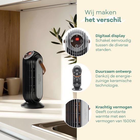Zenwave Electric Heater with Display - Compact 1500W Fan heater - Chauffage avec 2 modes de chaleur et 1 mode de ventilation - Chauffage électrique pour l'intérieur et l'extérieur - Noir