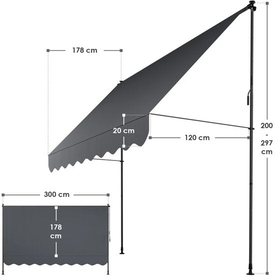 Auvent / store à pinces avec manivelle - Store de balcon kapstadt - 300x120 cm - Gris
