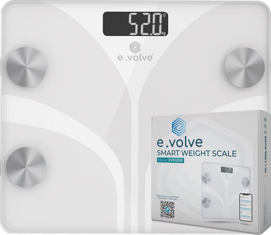 Pèse-personne numérique e.volve - Balance intelligente avec analyse corporelle - App. incluse - blanc