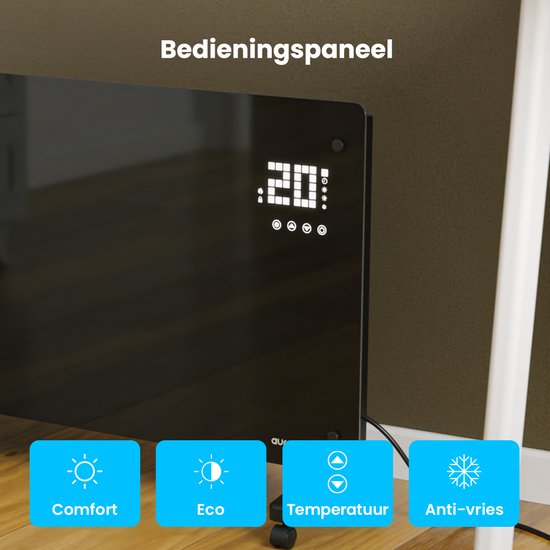 Auronic Electric Heater - Convector Heater with Thermostat and Remote Control - Glass Panel Heater - 2500W Heater - Black