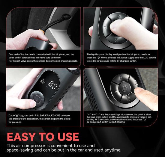 Fuegobird - Pompe électrique 6000 mAh - Pompe à vélo 150 PSI - Pompe à vélo électrique miniature avec LED SOS - Conçue pour les pneus AUTO - Vélos - Vélos électriques - Sports de balle - Inclus 2 tuyaux de gonflage - Noir