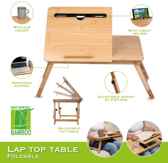 Table à langer avec porte-gobelet et porte-tablette - Support pour ordinateur portable - Bambou