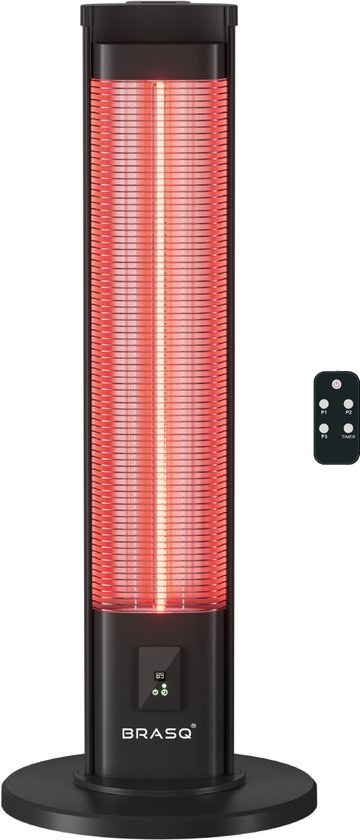 BRASQ Chauffe-terrasse électrique sur pied - 2000 watts - 3 niveaux de chaleur - avec télécommande et minuterie - Chauffage infrarouge - résistant aux éclaboussures - chauffage pour l'intérieur et l'extérieur - Noir