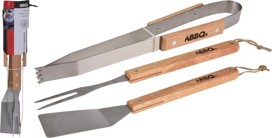 Set d'outils BBQ/barbecue 3 pièces avec manches en bois - Pince - Fourchette - Spatule