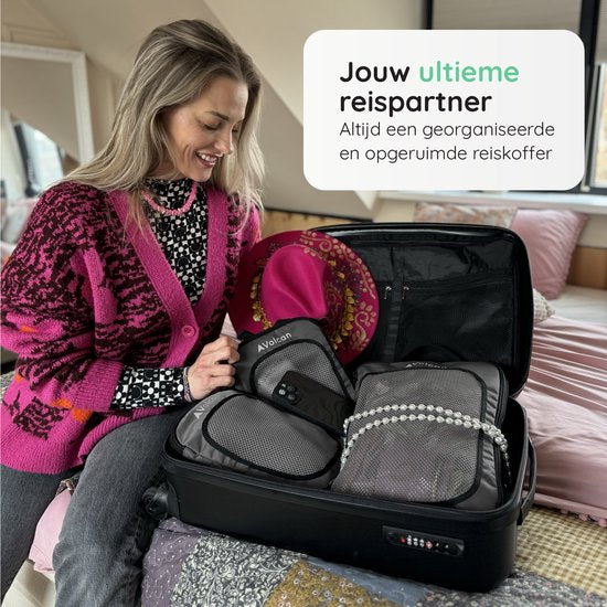 Cubes de compression Volcan - Organiseur de valise - Lot de 4 - Avec fermetures éclair de compression - Pour sac à dos et valise - Noir