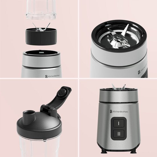 KitchenBrothers Mini Blender - Blender to Go - 2 Stands - Smoothie Maker - 2 To-Go Cups 600 ml - Noir