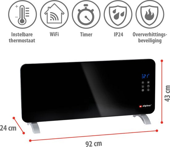 alpina Electric Convector Heater 2000W - Panneau chauffant à température réglable - Fonction minuterie