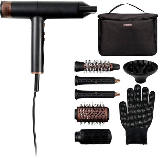 Princess Airstyler Pro 529205 - 7 en 1 - 2000 Watts - cordon de 1.8m - moteur BLDC - sac de rangement de luxe - gant de chaleur - multi styler - enveloppe de cheveux - lisseur de cheveux - sèche-cheveux - brosse chauffante - brosse Fohn - brosse à boucler