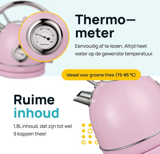 MOA Kettle Retro - 1,8 litre - Bouilloire électrique - Filtre anti-calcaire - sans BPA - acier inoxydable - 2200W - rose pastel