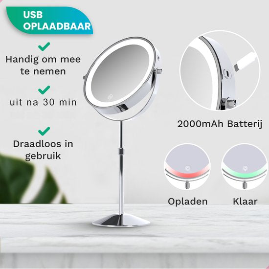Mirlux Miroir de maquillage de luxe avec lumière LED - grossissement 10x - réglable et rechargeable - 3 niveaux de lumière - chrome - Miroir de maquillage - Miroir avec lumière LED